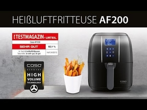 Heißluftfritteuse AF200 mit Pommes und Testergebnis 'Sehr Gut' von Caso.