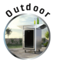 Outdoor refrigerator with drinks on a terrace in sunny weather.