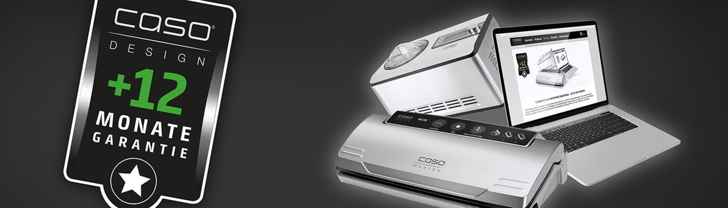 CASO Design Produkte mit 12 Monaten Garantie, Laptop und Vakuumierer.