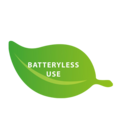 Green leaf with text 'BATTERYLESS USE' on a black background.