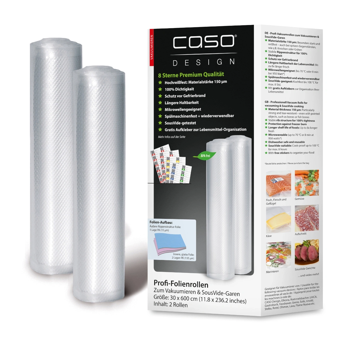 Vacuum rolls for food, 150µm, microwaveable, dishwasher safe, SousVide-suitable, with free stickers.