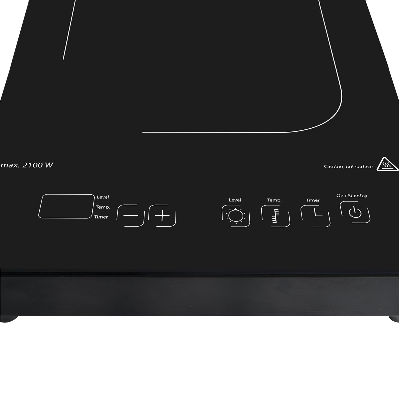 Table de cuisson noire avec commandes, avertissement et indication de puissance. Surface chaude.