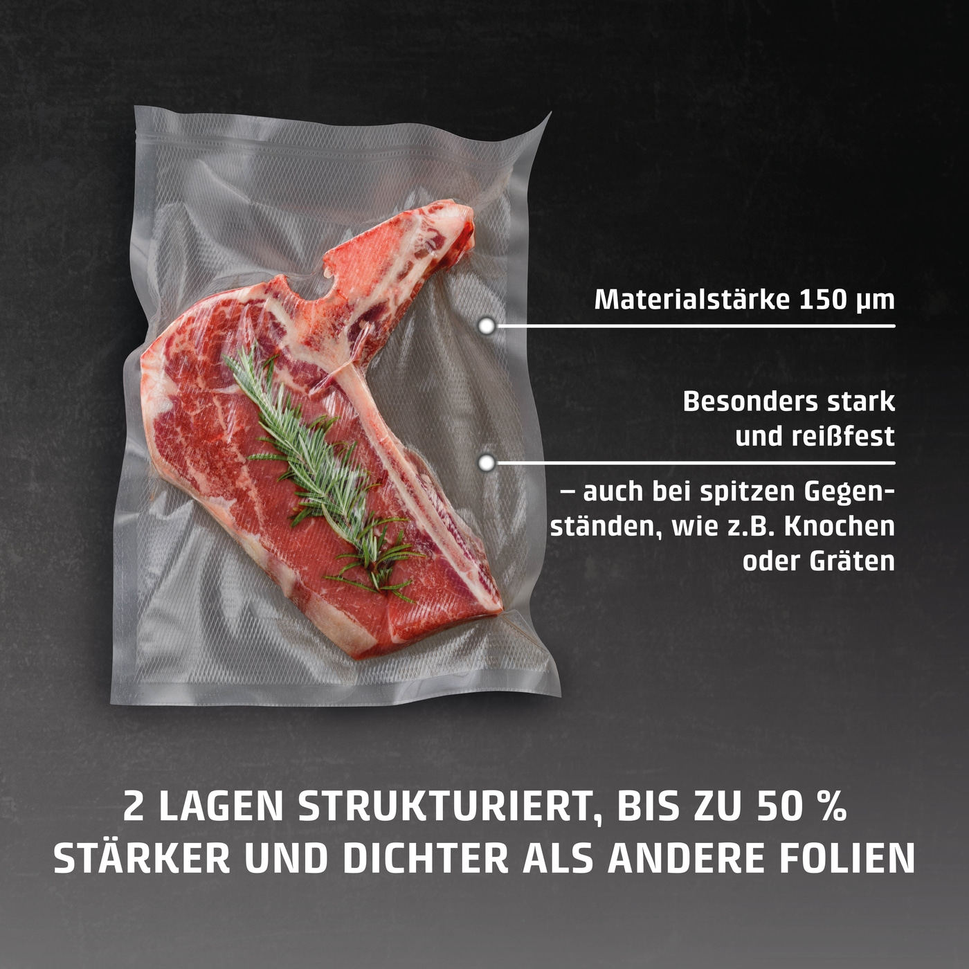 Viande sous vide, résistance des matériaux, résistant à la déchirure, os, arêtes, 2 couches, plus fort, plus dense, feuilles