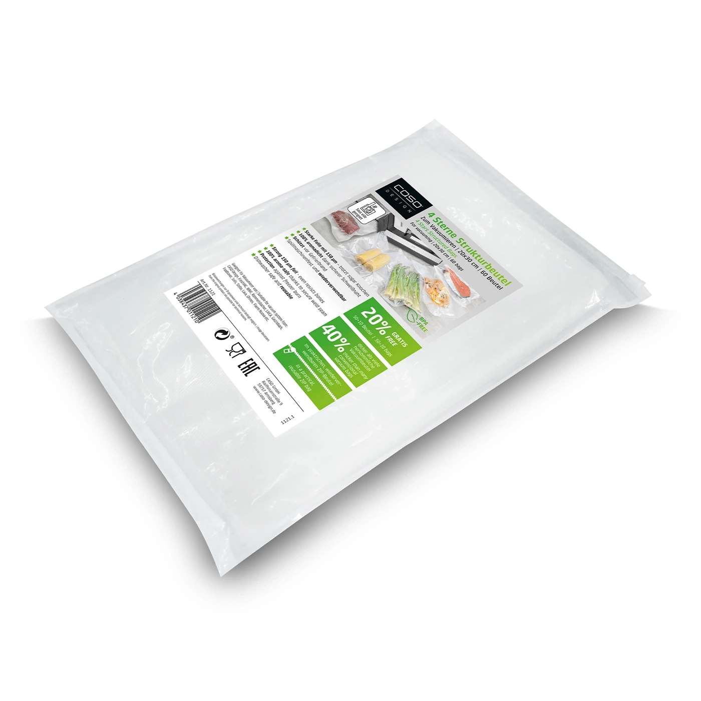 Vacuum bag pack with 60 bags, 20x30cm, 4 stars structured bags, BPA-free, reusable.