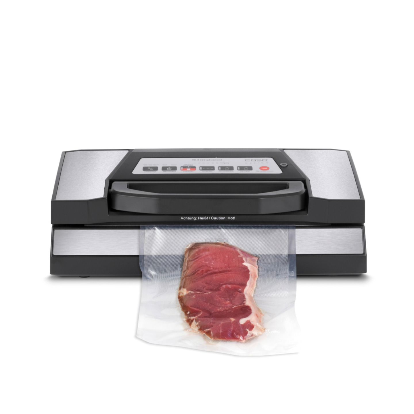 Vacuum sealer with meat in a bag, ready to vacuum. Caso VRH 590 advanced.