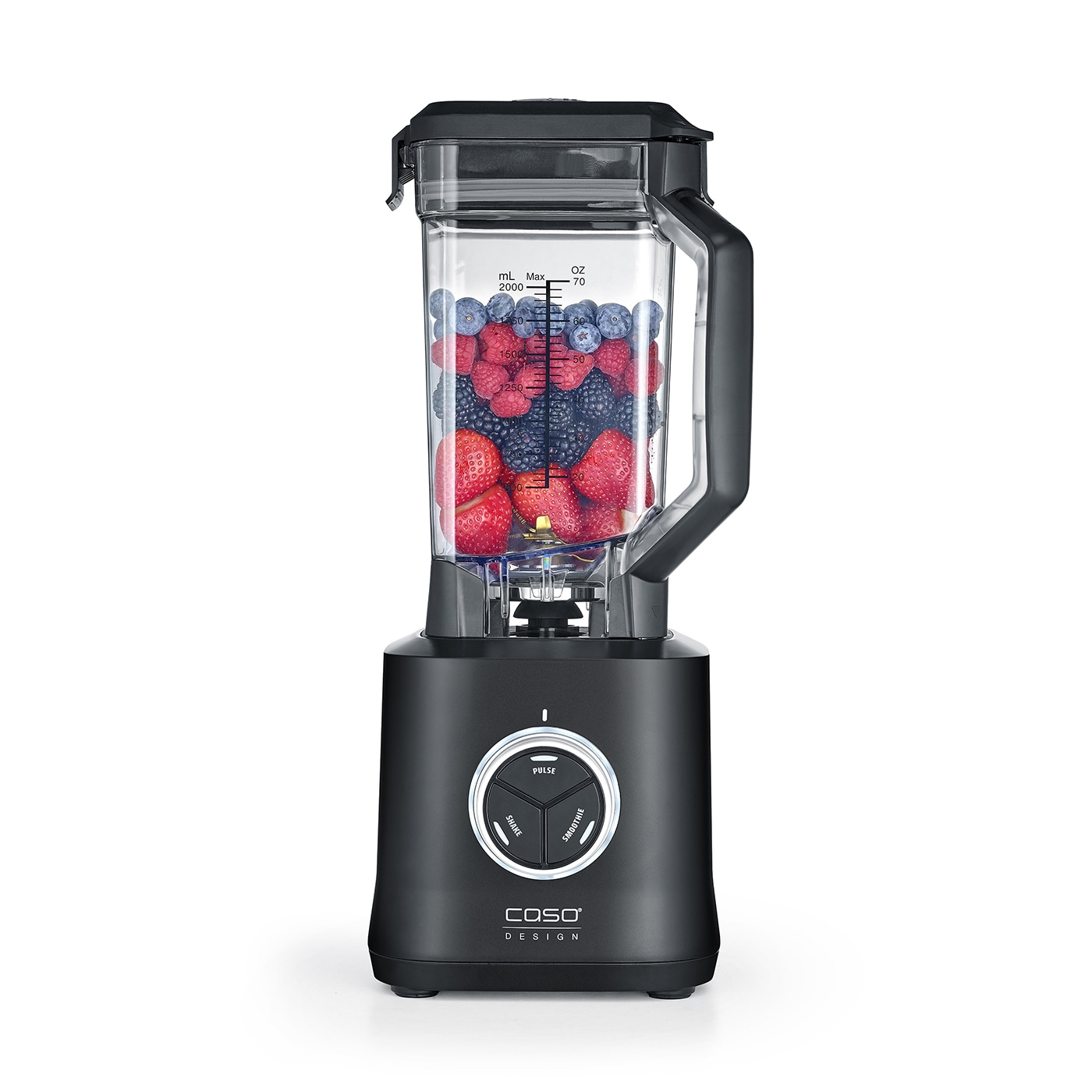 Schwarzer Mixer mit Beeren, Bedienfeld, Caso Design, Smoothie-Funktion, Pulse-Funktion