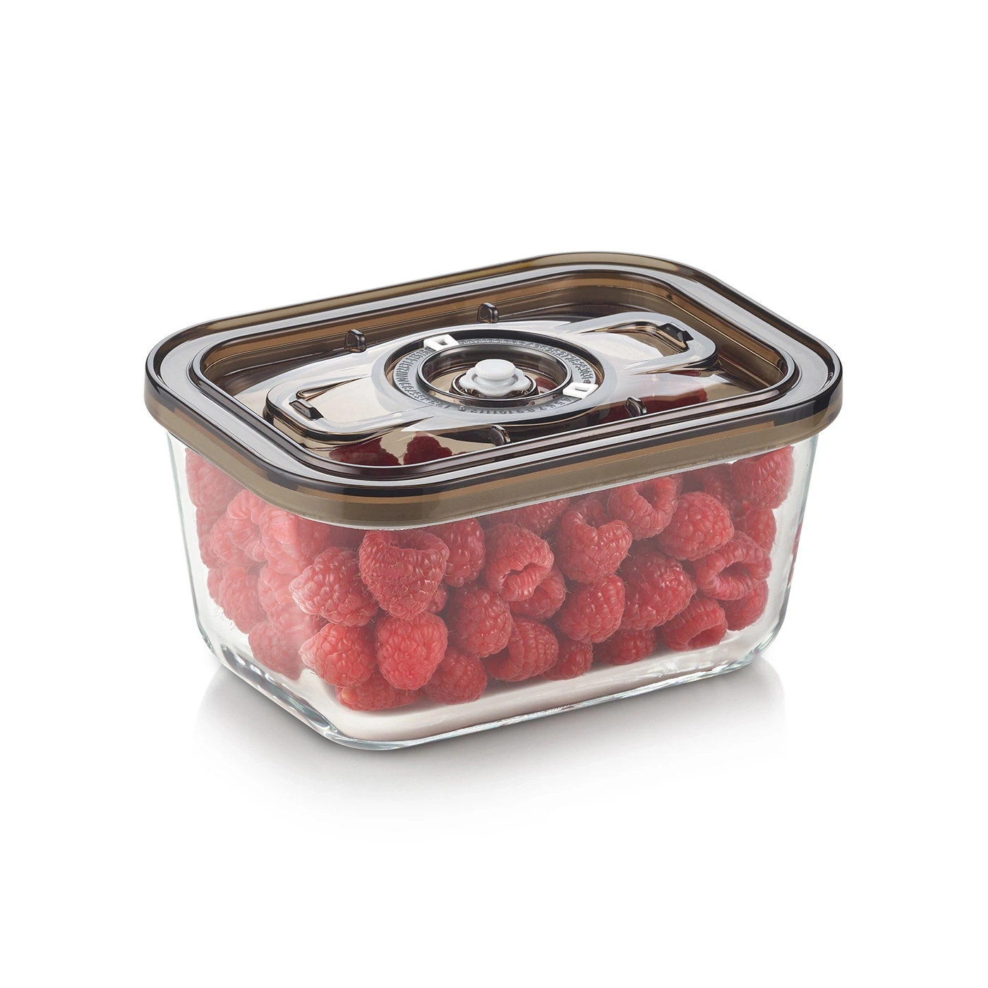 Glasbehälter mit Himbeeren, braunem Deckel, Vakuumverschluss, rechteckig, Lebensmittelaufbewahrung