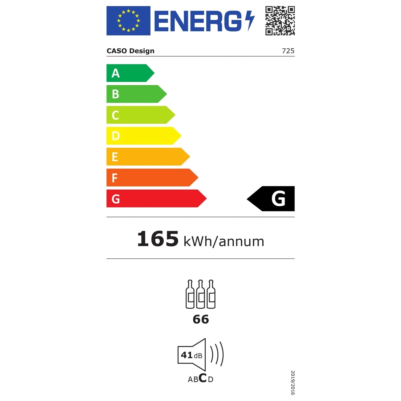 Energieetikett für CASO Design, Energieeffizienzklasse G, 165 kWh/annum