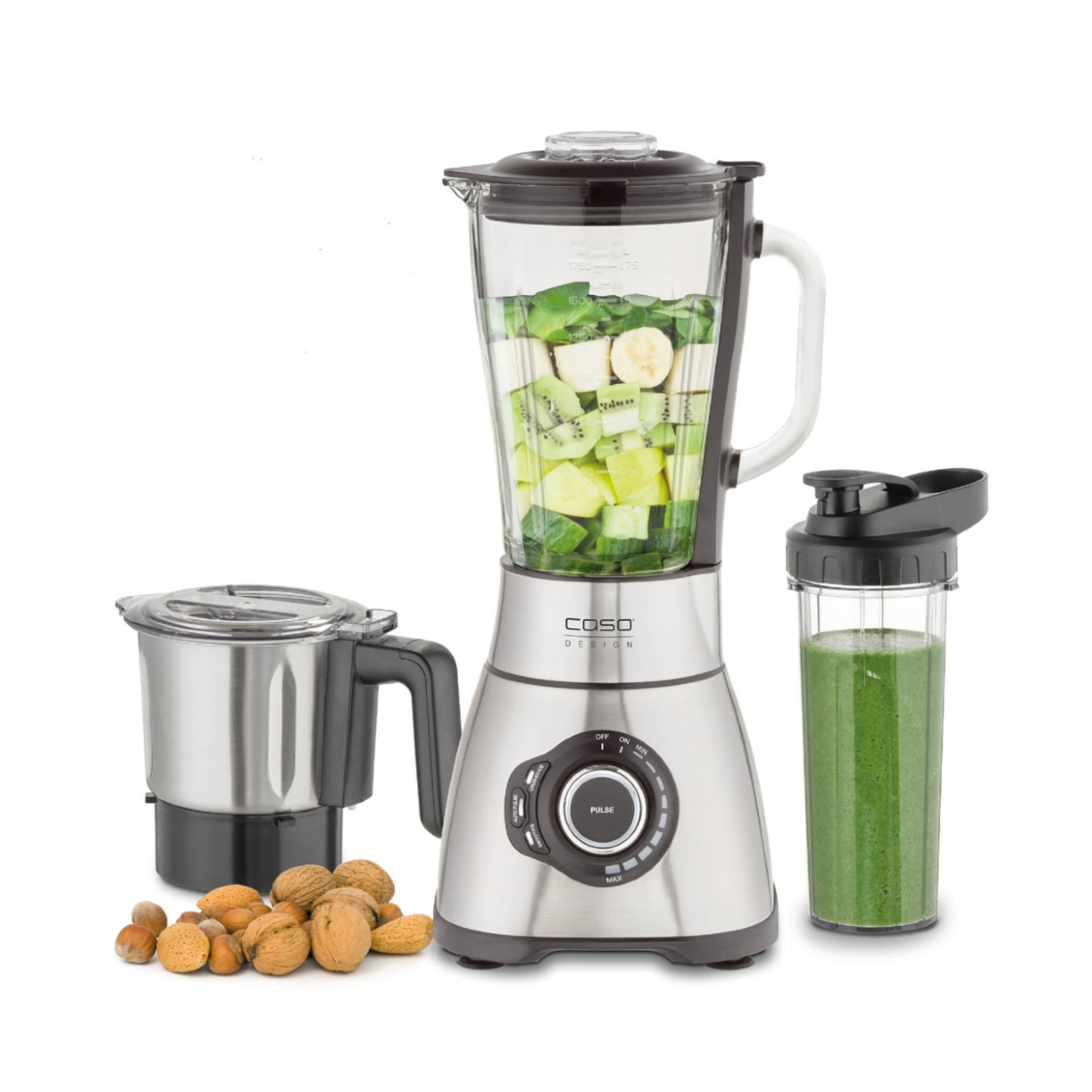 Blender with accessories, fruits and nuts for smoothies and more healthy drinks.