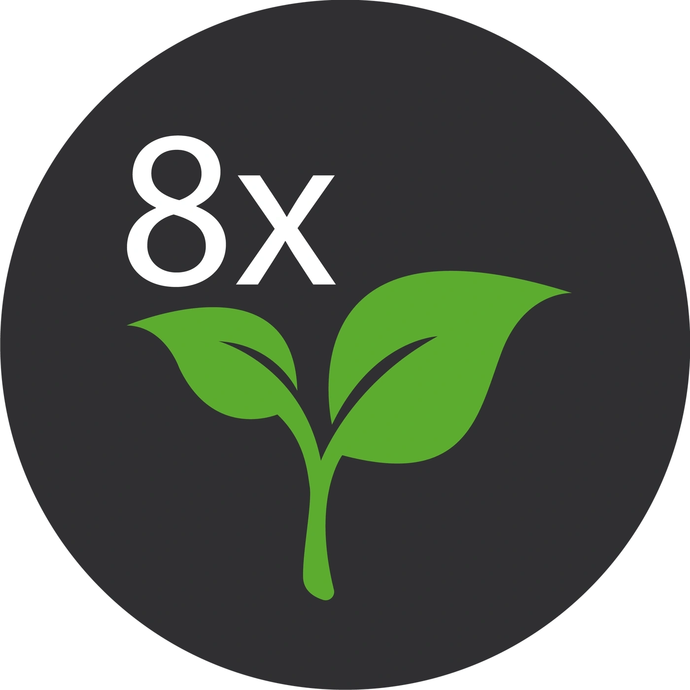 Kreis mit 8x und grünen Blättern, Symbol für Wachstum und Nachhaltigkeit