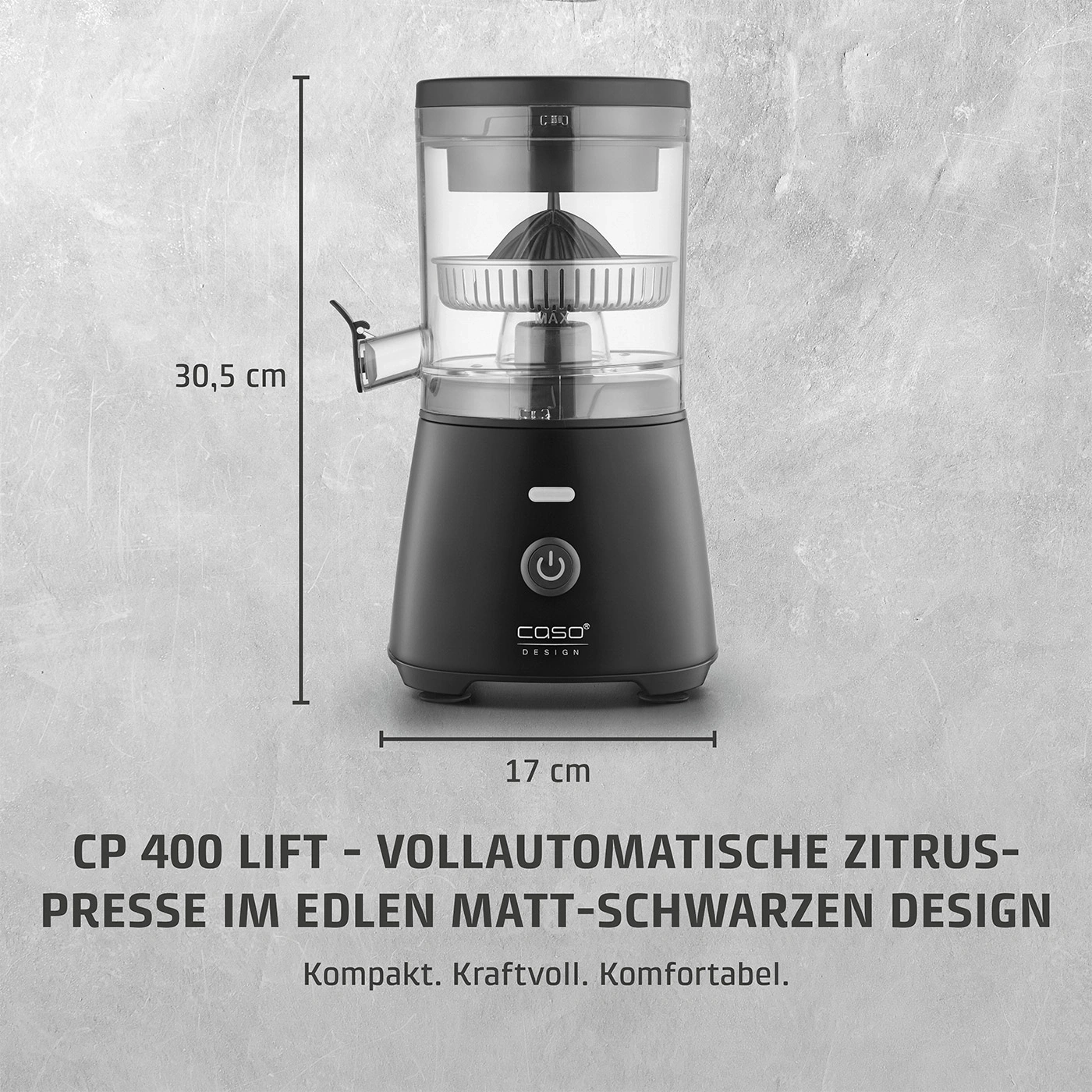 Presse-agrumes, noir, 30,5 cm de haut, 17 cm de large, CP 400 LIFT, Caso Design, compact, puissant, confortable.