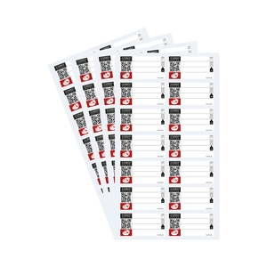 Labels with QR codes and product info, stacked together, white background.