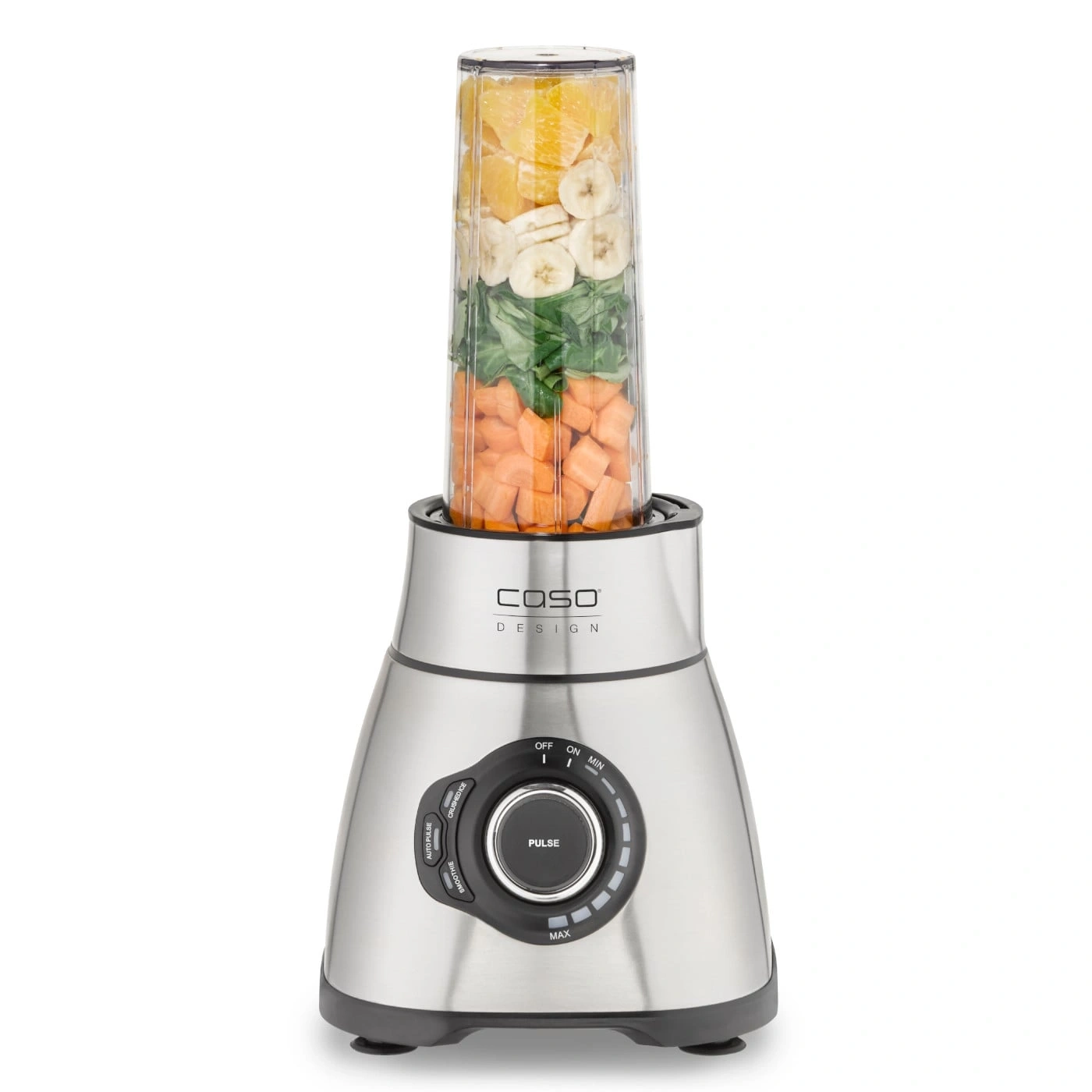 Blender avec ingrédients. Design en acier inoxydable, légumes et fruits. Préparation de smoothie.