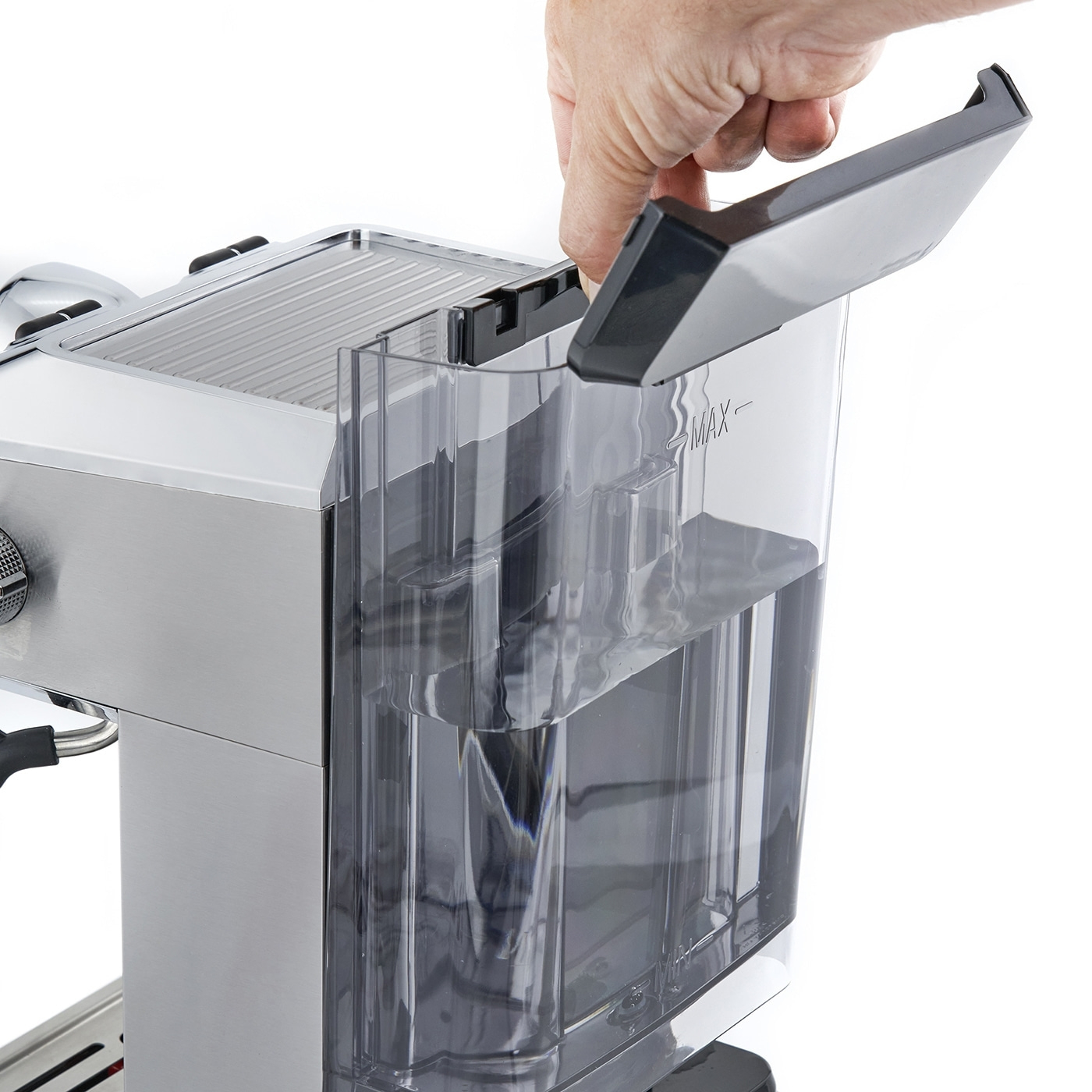 Coffee machine, water tank, hand, lid, water, stainless steel, open, coffee, appliance, kitchen