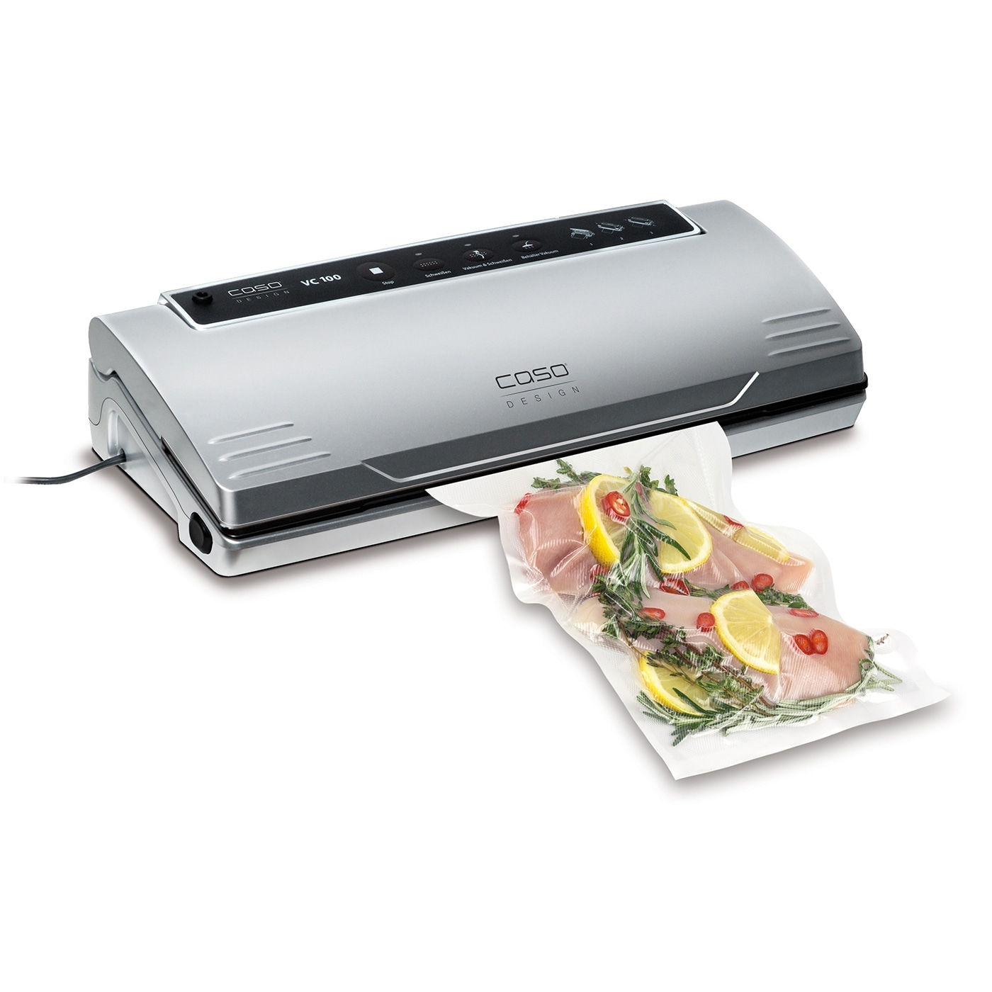 Vacuum sealer with meat, lemon, and rosemary in a bag