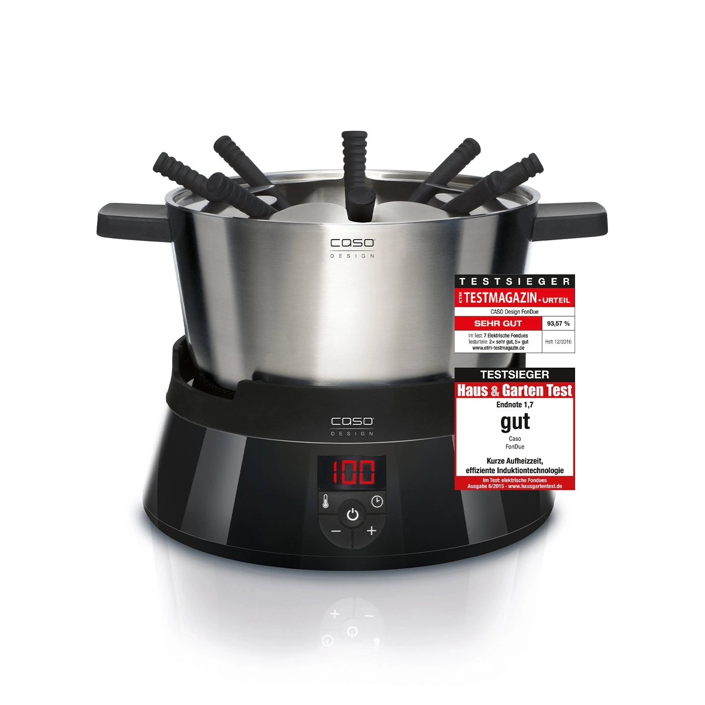 Ein elektrisches Fondue-Set von Caso Design mit digitalen Bedienelementen und Auszeichnungen.