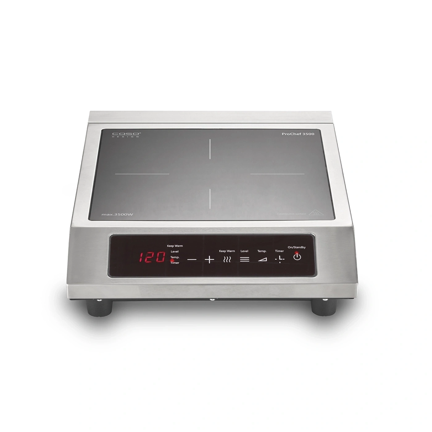 An induction cooktop with a digital display and control buttons.