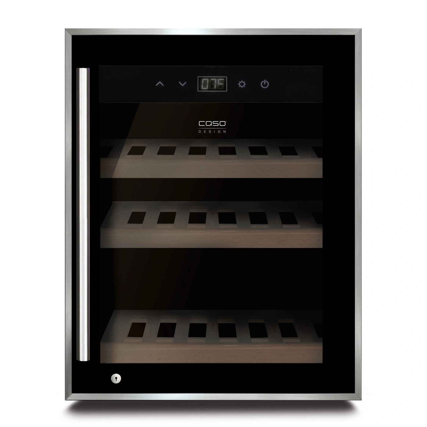 Weinkühlschrank mit Glastür, Temperaturanzeige und Holzregalen für Weinlagerung.