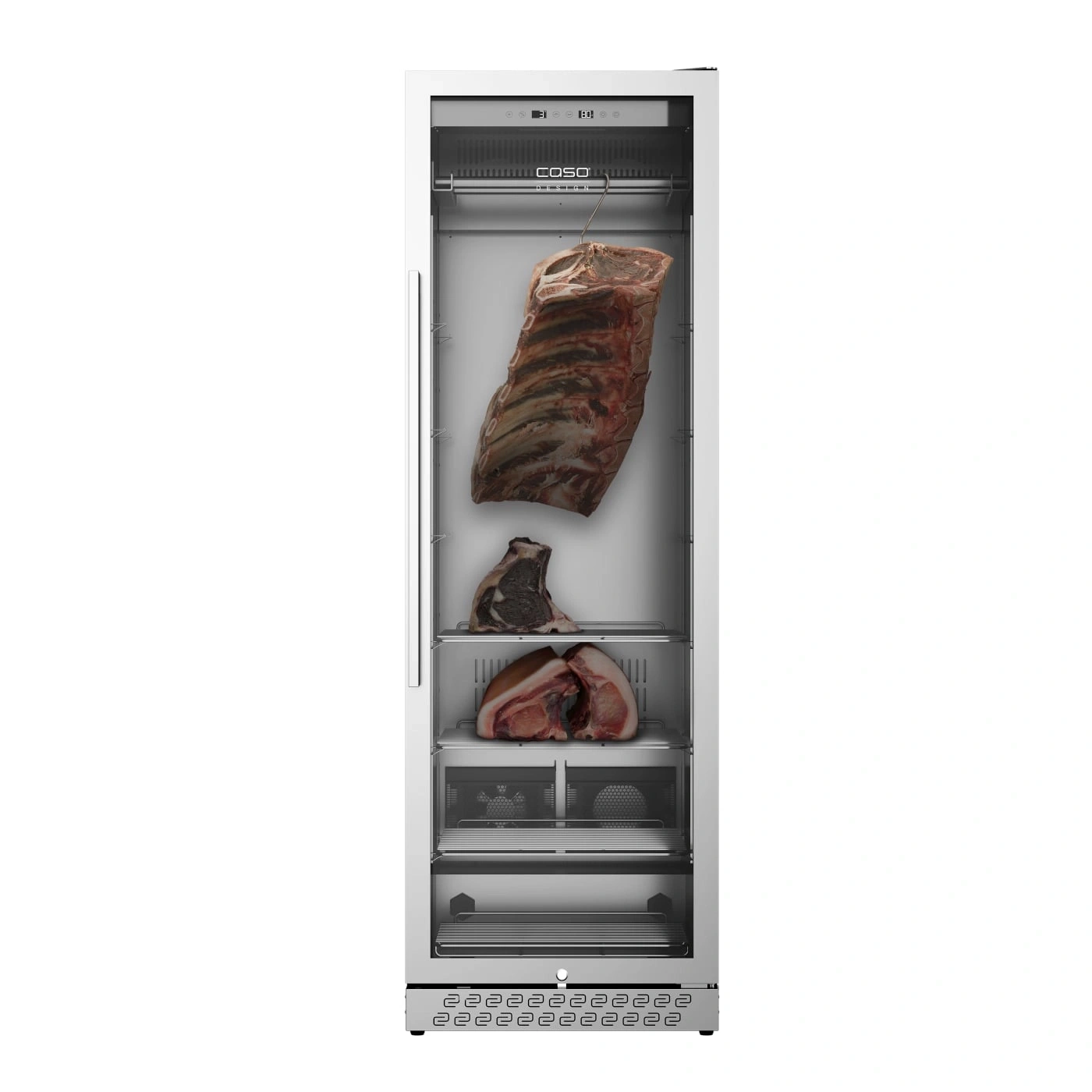 Armoire de maturation de la viande avec morceaux de viande, blanc, vertical, isolé