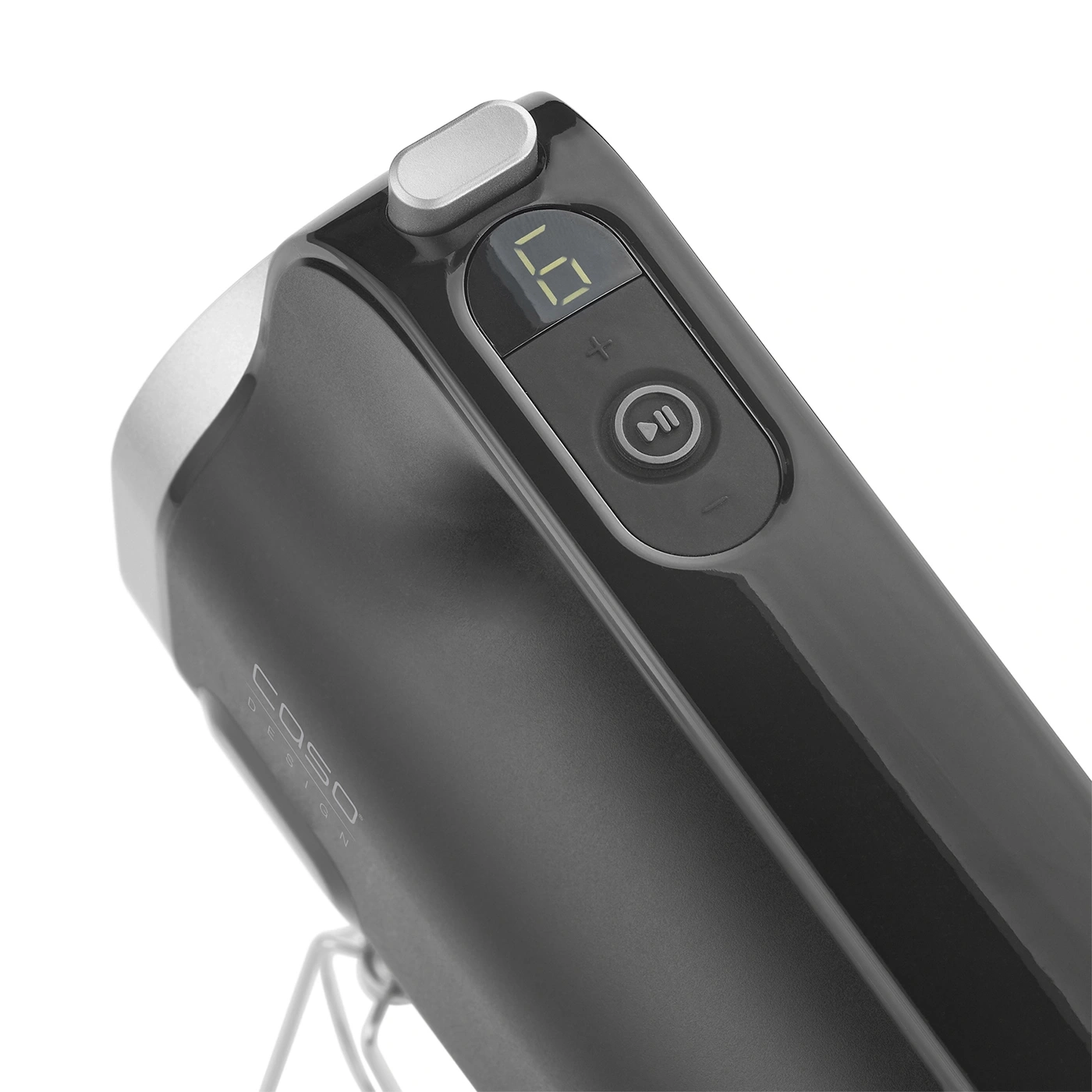 Black hand mixer with digital display and control buttons, close-up.