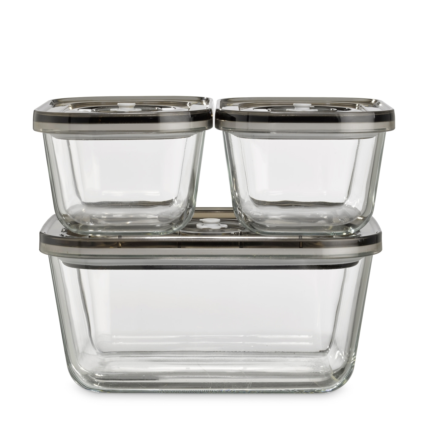 Glass food storage containers set, clear, square and rectangular, stacked
