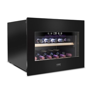 Black wine cooler with glass front and wine bottles inside. Caso Design logo.