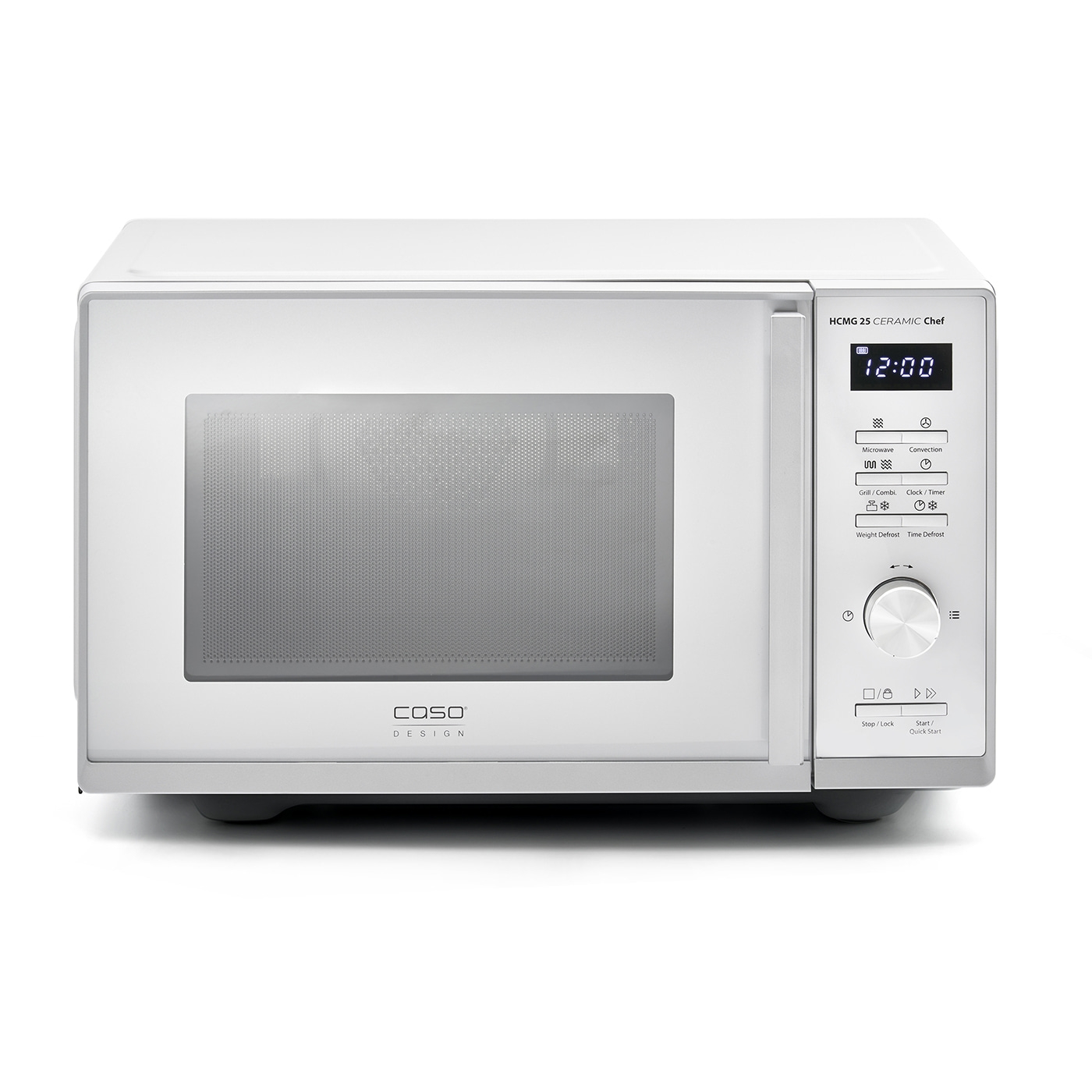 Caso Design HCMG 25 Ceramic Chef microwave with clock and control panel.