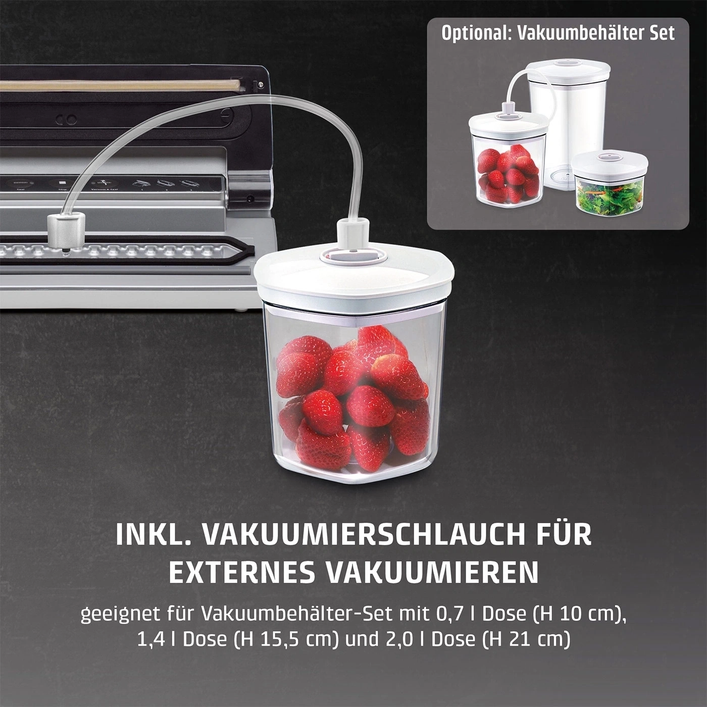 Vakuumiergerät mit Schlauch und Behälter für externe Vakuumierung von Lebensmitteln.