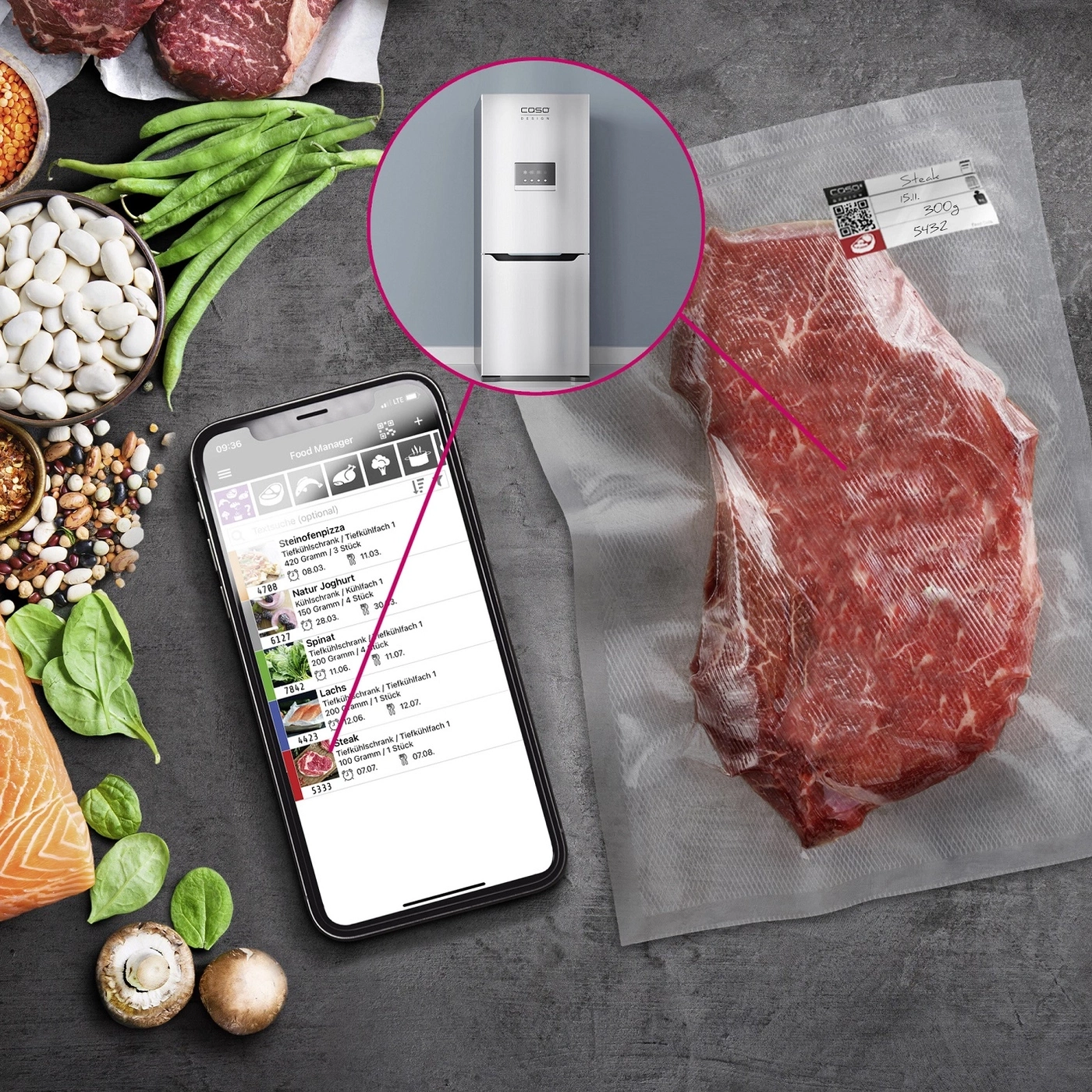 Food, smartphone, refrigerator, steak, vegetables, food, food manager, ingredients, packaging, display