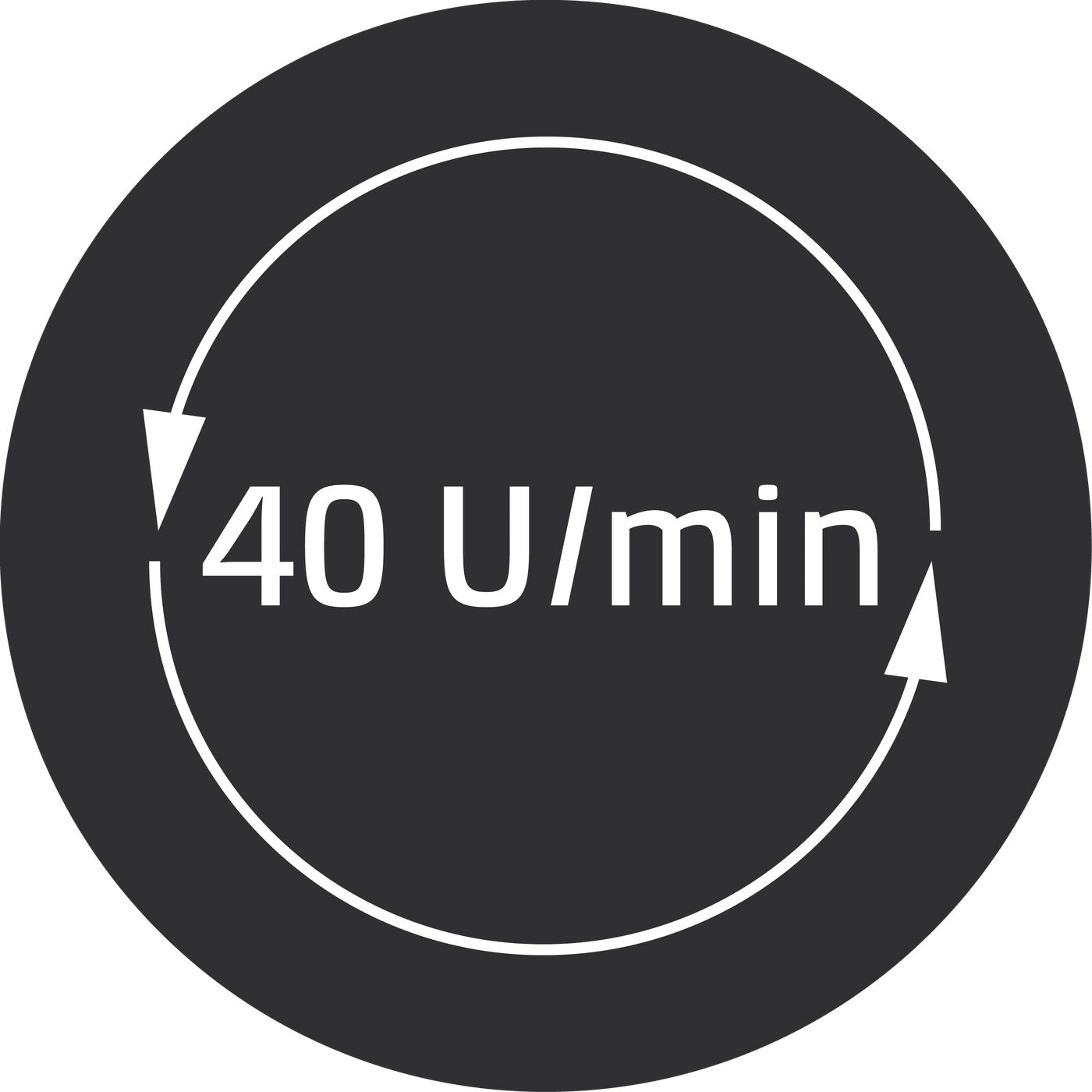 Symbole circulaire avec des flèches et le texte 40 U/min, indiquant la vitesse ou le débit.