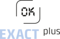 Logo von OK plus, mit dem Wort EXACT in hellblau und plus in schwarz.