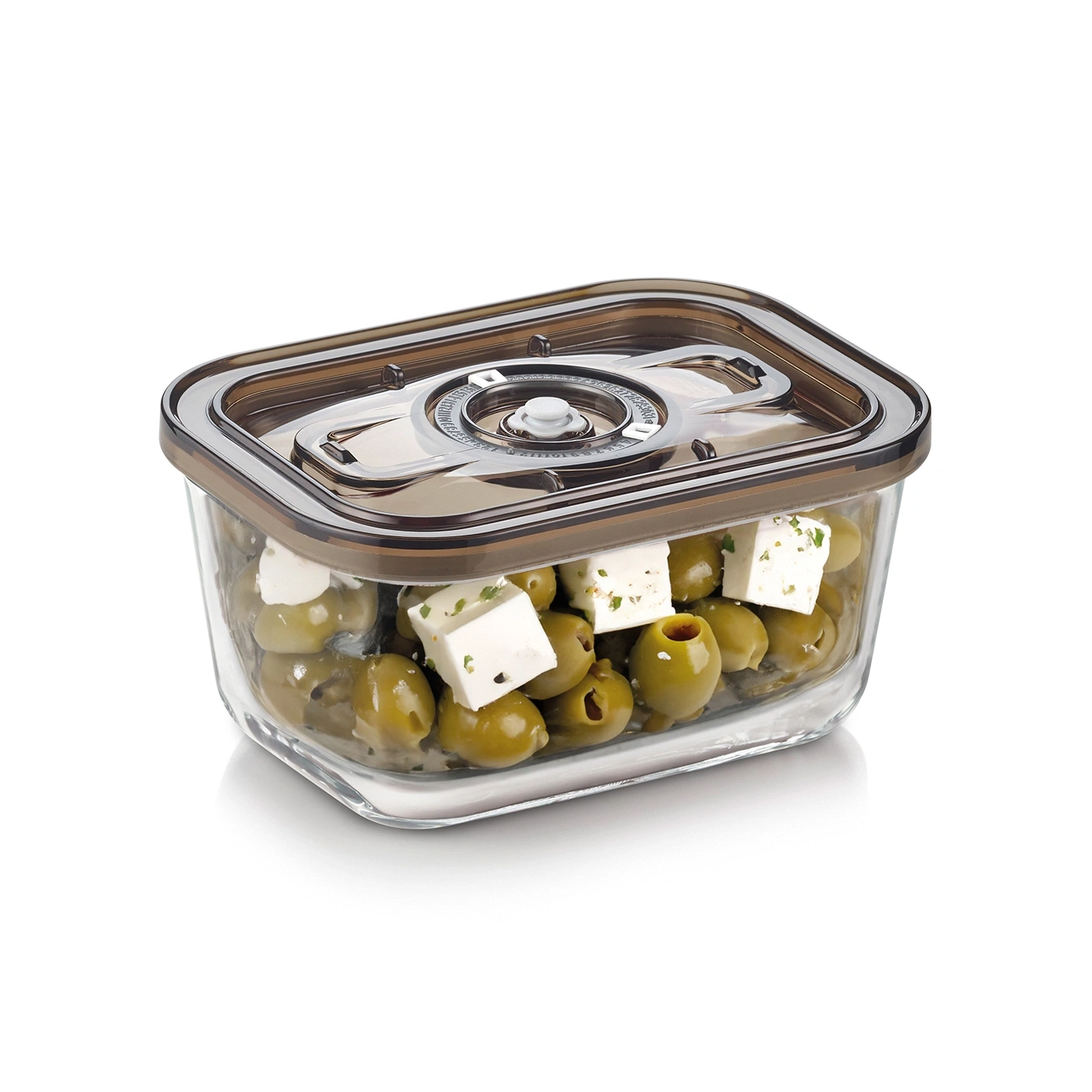 Glasbehälter mit Oliven und Käse, brauner Deckel, weißer Hintergrund, Lebensmittel