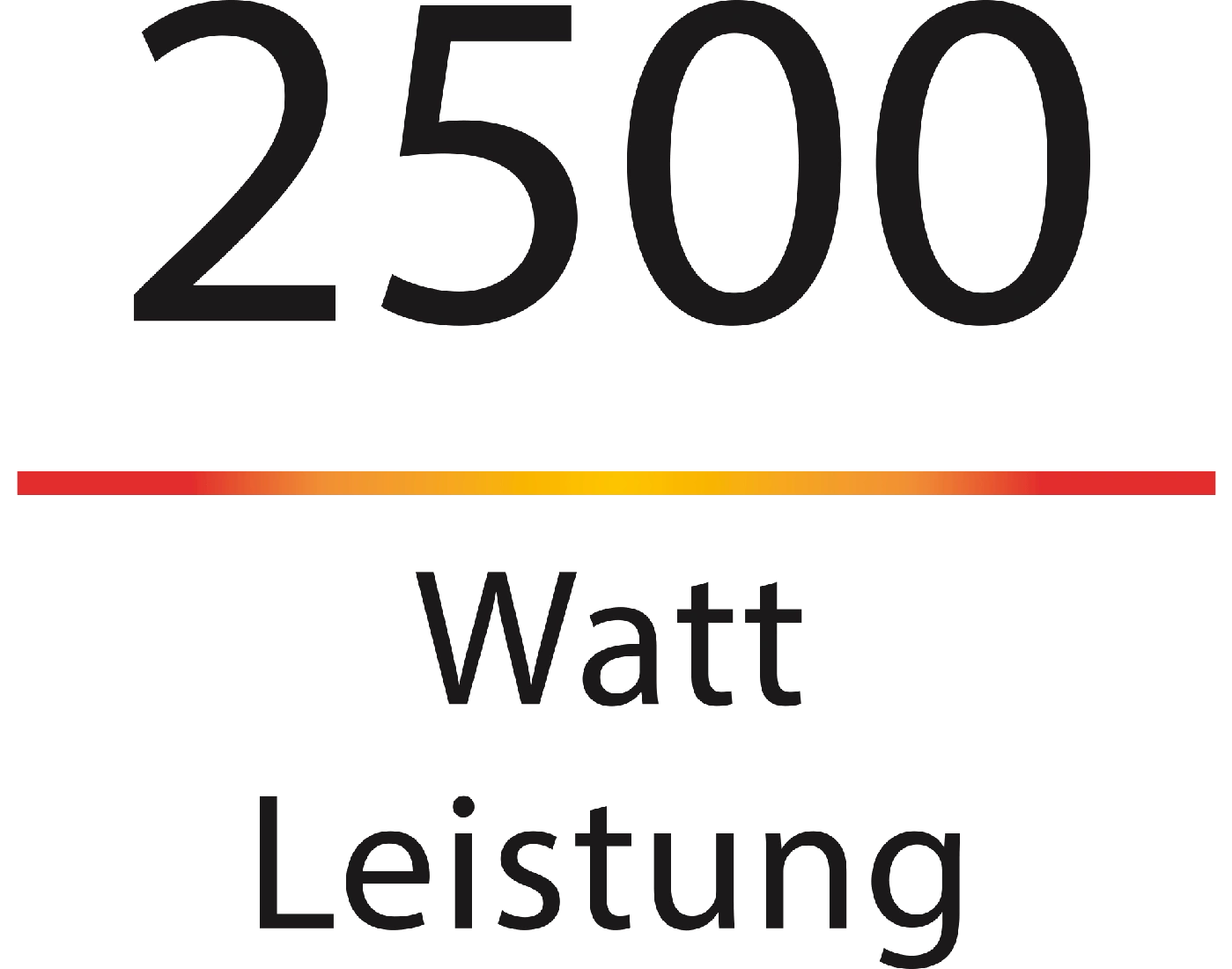 2500 Watt Leistung, rote und gelbe Linie, schwarze Schrift auf weißem Hintergrund