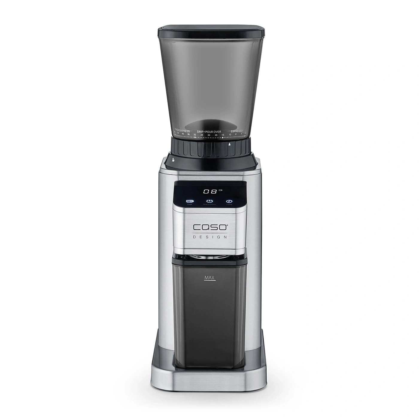 Kaffeemühle, Caso Design, Edelstahl, digital, Mahlgrad, Bohnenbehälter, Kaffeepulverbehälter, modern