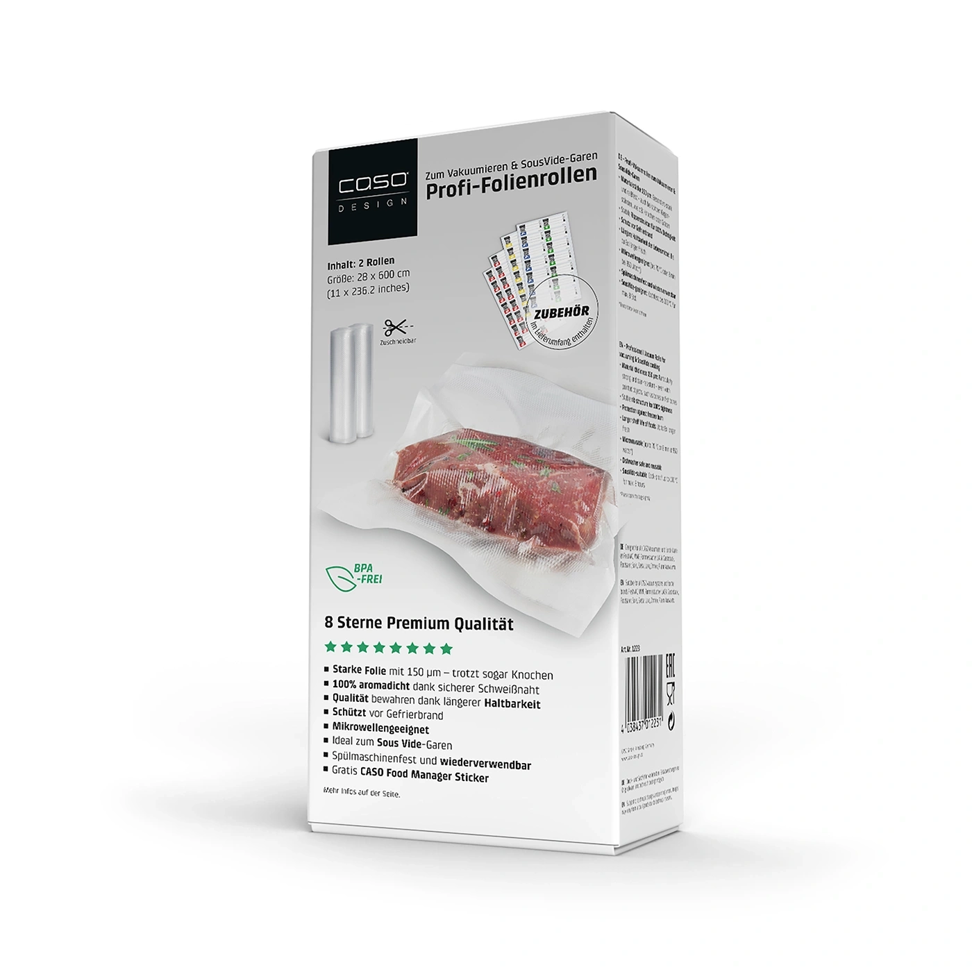 Verpackung von CASO Vakuumierfolienrollen mit Fleisch, BPA-frei, 8 Sterne Premium Qualität.