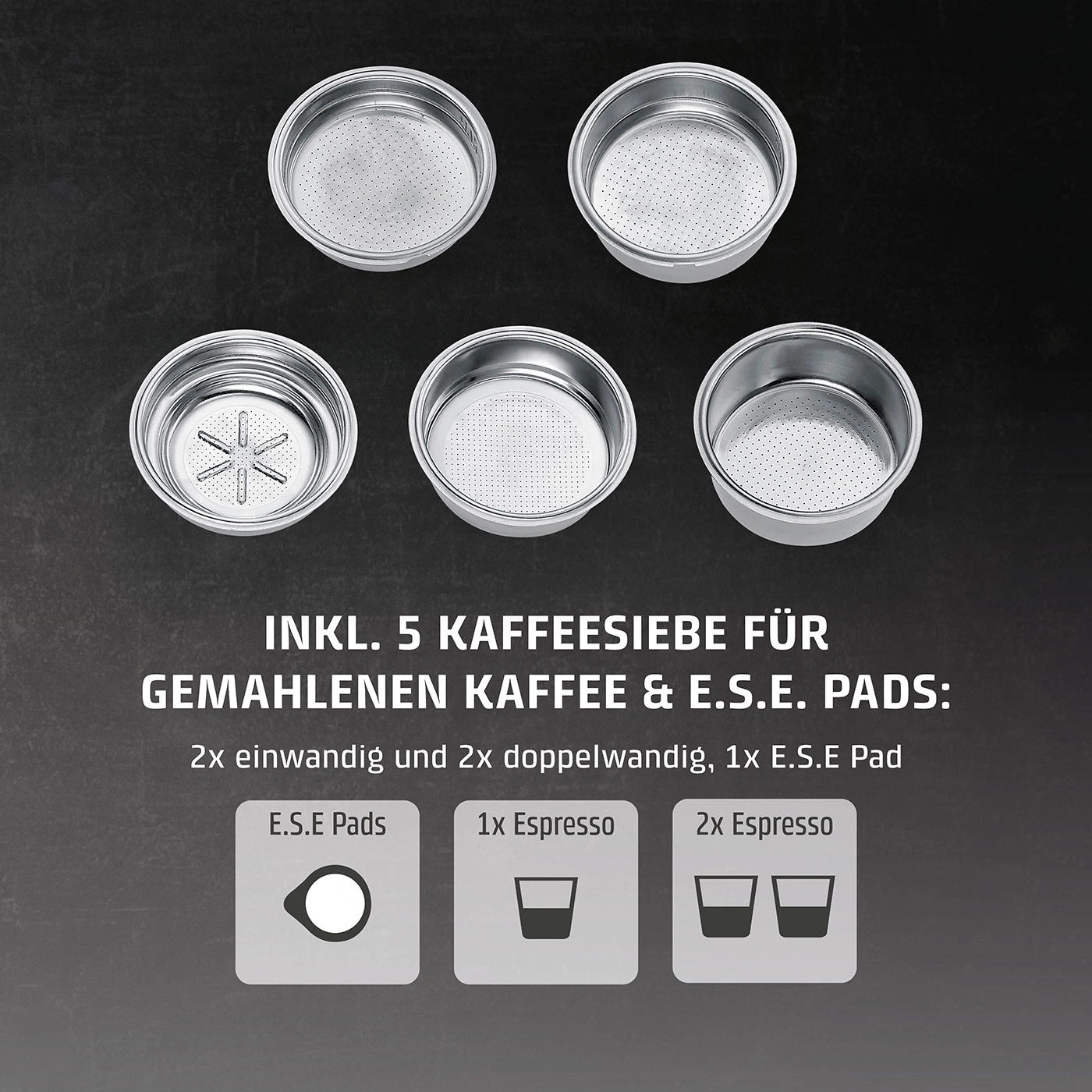 Five coffee filters for ground coffee and E.S.E. pods