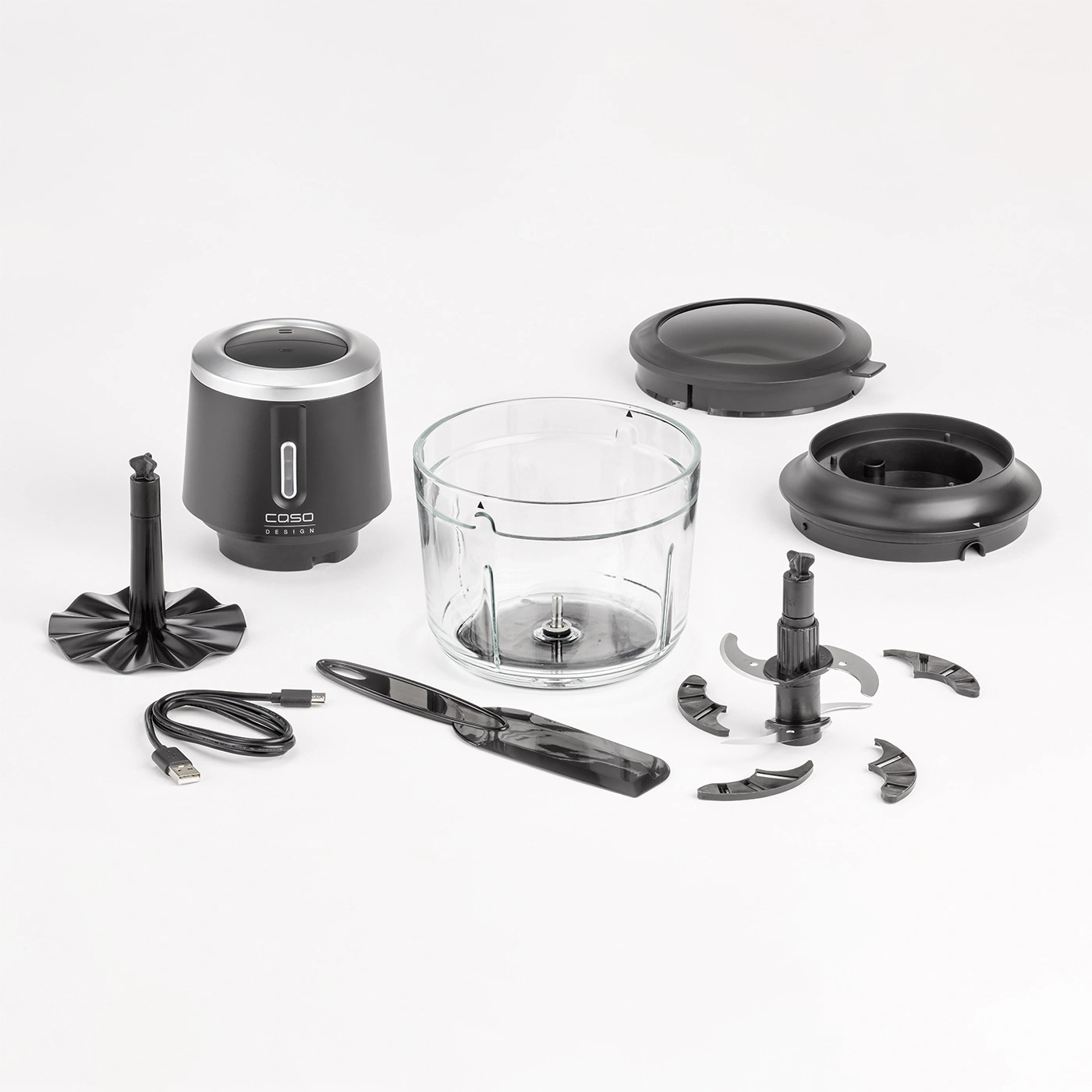Zerkleinerer mit Zubehör, Glasbehälter, Klingen, Deckel, Kabel, Messer, Caso Design.