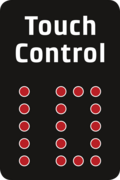 Touch Control, schwarzer Hintergrund, rote Kreise, weißer Text, abgerundete Ecken