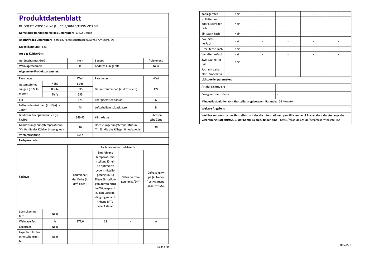 Fiche produit réfrigérateur : paramètres, valeurs, efficacité énergétique, paramètres compartiment, garantie, lien web