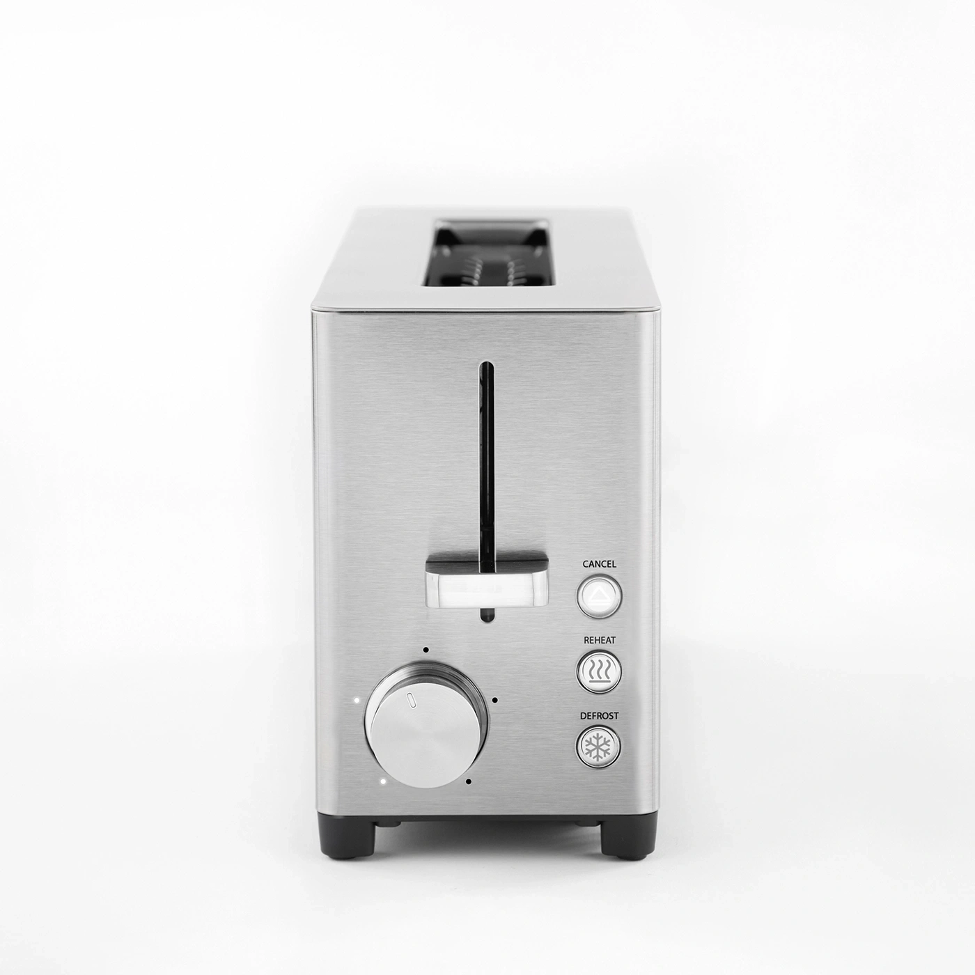 Silver toaster with buttons and slots on white background, close-up shot
