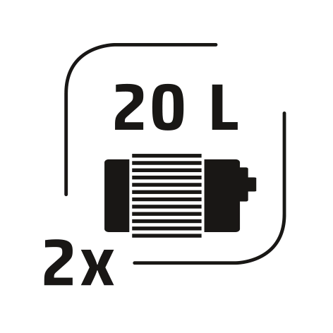 20L Batteriekapazität, 2x vorhanden, Akku-Symbol, schwarzer Hintergrund, rechteckig