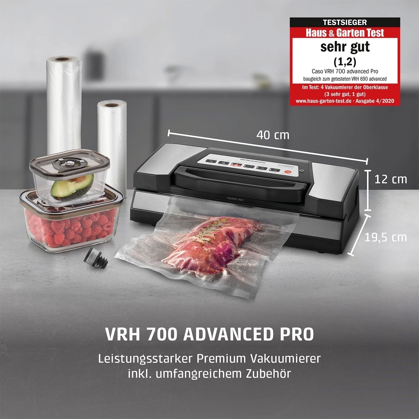 A Caso VRH 700 Advanced Pro vacuum sealer with accessories and dimensions.