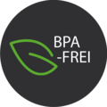BPA-FREI-Logo auf dunklem Hintergrund mit einem grünen Blatt