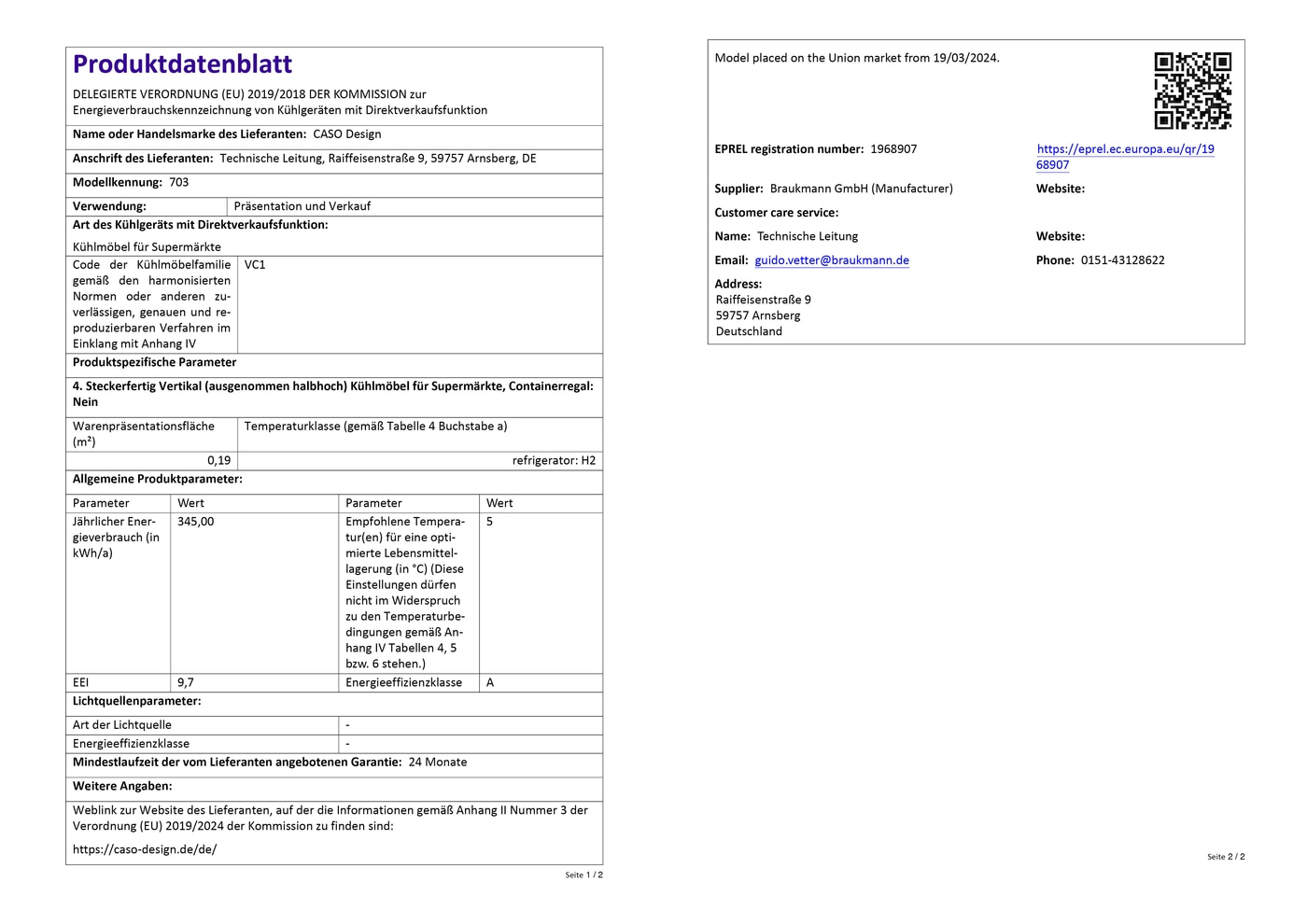 Fiche produit avec des informations sur l'efficacité énergétique et les spécifications techniques.