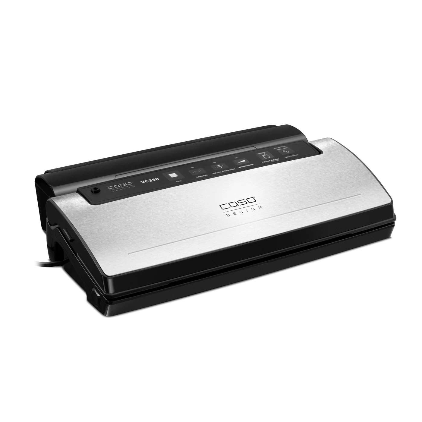 Caso VC350 vacuum sealer, silver and black, with control panel and logo.