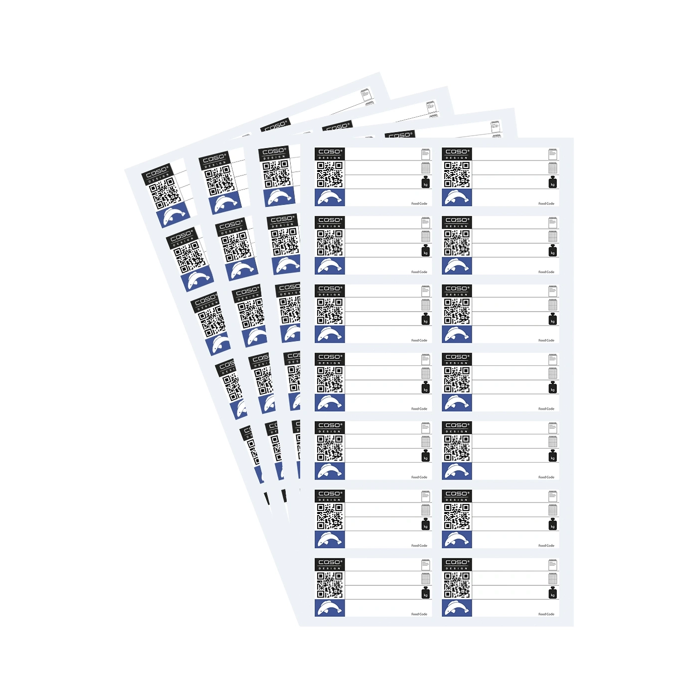 Labels with QR codes, logos, and text arranged on a white background, stacked.
