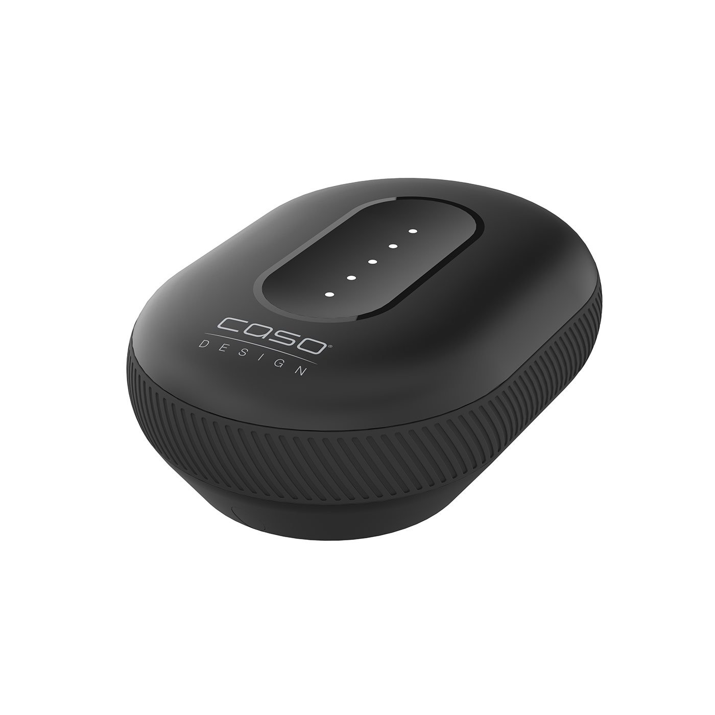 Schwarzes elektronisches Gerät mit Logo und Lichtern auf weißem Hintergrund.