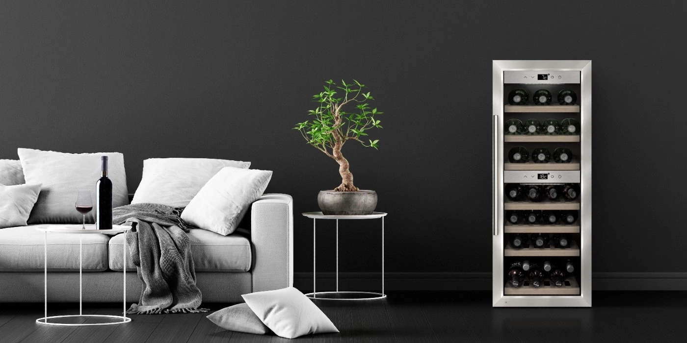 Ein moderner Wohnbereich mit Sofa, Weinregal und Bonsai-Baum.