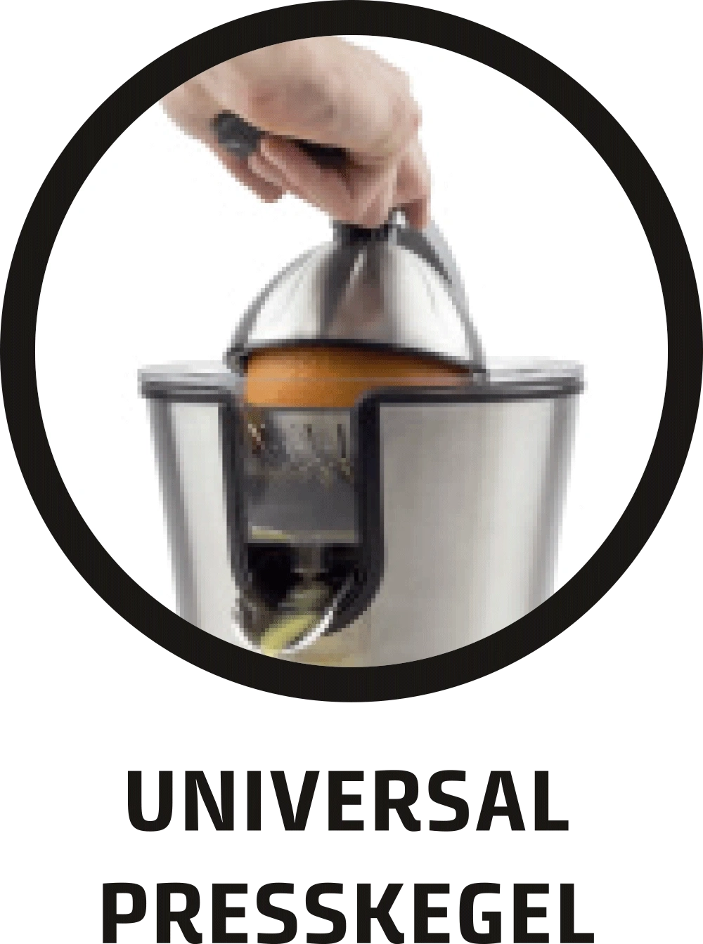 Presse-agrumes électrique avec texte UNIVERSAL PRESSKEGEL dans un cercle