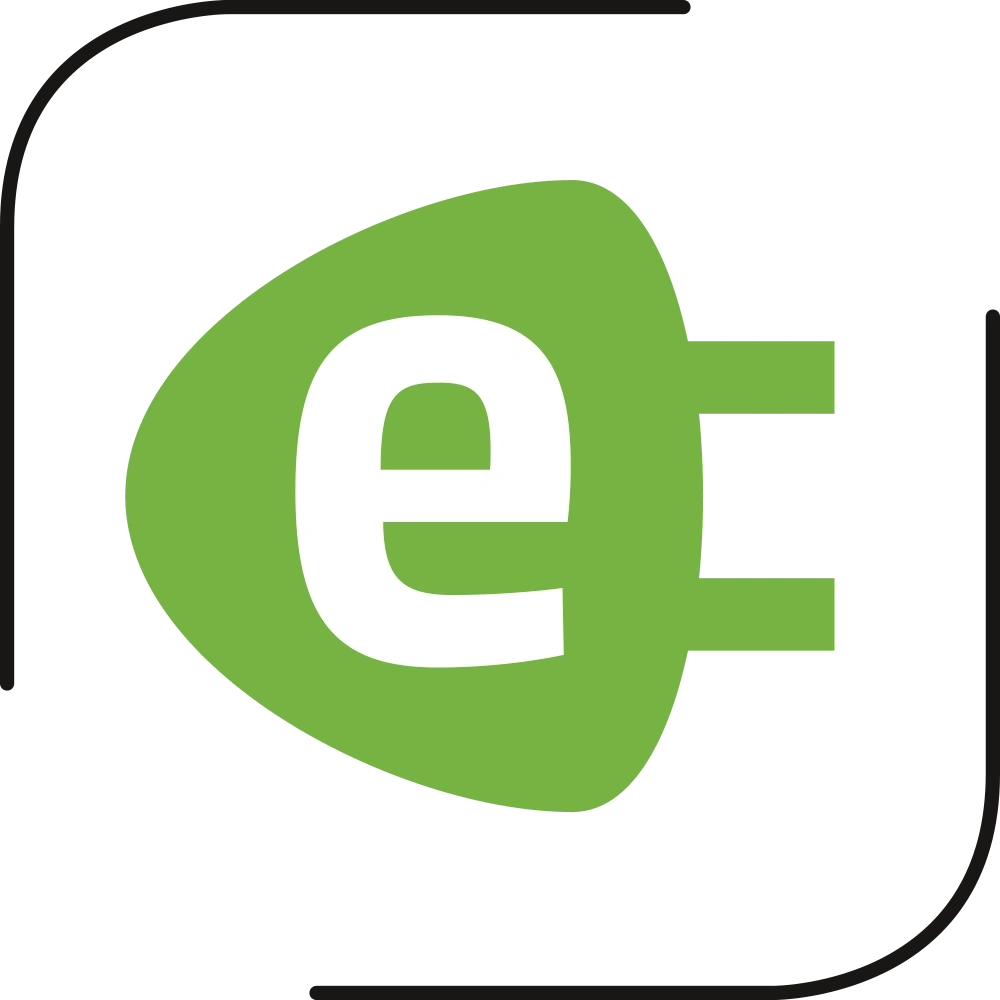 Logo vert avec une prise et la lettre e dans un cadre noir arrondi.